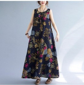 Resim Yaozixa 2022 Yaz Yeni Stili Klasik Büyük Beden Rahat Baskılı Pamuk Keten Yaka Kol Yok Elbise Kadın Orta Uzunluk Lacivert M Diğer 