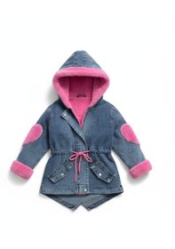 Resim Reiz Kız Çocuk Peluş Astarlı Kalp Detaylı Kot Mont Mavi - Pembe 