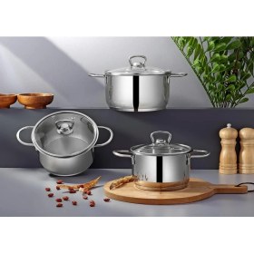 Resim YUNUSOĞLU HOME Elora 6 Parça 304 Kalite Paslanmaz Çelik Güveç Tencere Seti Cam Kapaklı 14-16-18 cm 