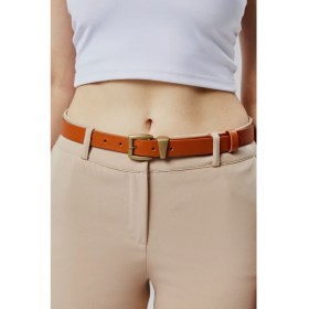 Resim Hakiki Deri Antik Sarı Tokalı Kadın Kemeri 2,5cm Taba 