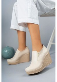 Resim GİMER - Dolgu Taban Yandan Fermuarlı Krem Cilt Ayakkabı - İRM... Bej 
