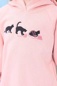 Resim Kız Çocuk Kapüşonlu İçi Polarlı Kedi Nakışlı Şardonlu Kışlık Takım - Gri / 3-4 Yaş 
