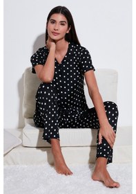 Resim Lela Regular Fit Gömlek Yaka Kısa Kollu Bayan Pijama Takımı 65780124 Siyah 