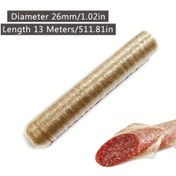 Resim 13 metre çapında 26mm selüloz kılıf, mükemmel dayanıklılık ve nefes alabilirlik, tüketilemez. Doğal selülozdan yapılmış, güvenli, dayanıklı ve doldurma ile haşlama işlemlerinde yırtılmaya karşı dirençli, sosislerin eşit kurumasını ve olgunlaşmasını sağlayarak daha zengin lezzetler sunar. Kolay kullanım, çeşitli doldurma ekipmanlarıyla uyumlu, farklı türde sosis üretimi için uygundur 