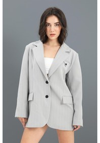 Resim Blazer Ceket Çizgili Atlas Kumaş - Gri-gri Gri 