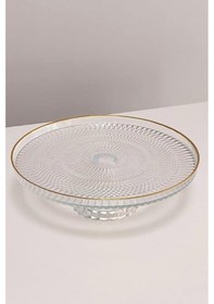 Resim Ayaklı Cam Pasta Standı Gold Yaldızlı Servis Sunum Tabağı - Kek Standı - Sunumluk 