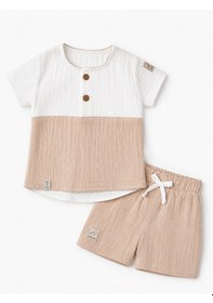 Resim Babyhola Erkek Bebek Müslin Kumaş Şortlu Takım Yazlık Kısa Kollu 2 Li Takım 22455 Bej 