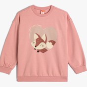 Resim Kız Bebek Sweatshirt Tilki Baskı Detaylı Uzun Kollu Bisiklet Yaka Şardonlu Pamuklu 