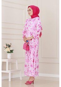 Resim Sevitli Yarım Düğmeli Lotus Elbise-pembe-5248 Pembe 