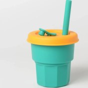 Resim Zsykd Çocuk Silikon Saman Bardaklar Damla ve Yüksek Sıcaklığa Dayanıklı Su Bardağı Yeşil Fincan + Sarı Kapak (400ML) (Yurt Dışından) 