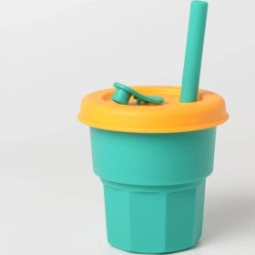 Resim Zsykd Çocuk Silikon Saman Bardaklar Damla ve Yüksek Sıcaklığa Dayanıklı Su Bardağı Yeşil Fincan + Sarı Kapak (400ML) (Yurt Dışından) 