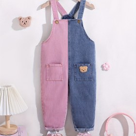 Resim Kızlar için Renk Bloklu Ayı Yamaslı Kot Tulum - Karışık Stil, Makinede Yıkanabilir - İlkbahar, Sonbahar, Noel ve Sevgililer Günü İçin İdeal, Kız Giyim, Dış Mekan Kullanımına Uygun 