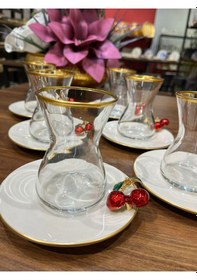 Resim Paşabahçe Pandoranın Kutusu Porselen Tabaklı Paşabahçe Bardaklı Kirazlı 6 Kişilik Çay Bardağı Takımı Krem 