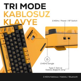 Resim Hawk Gaming HK258 Membrane LCD RGB Kablosuz/Bluetooth Cyber Sarı Siyah Full Türkçe Gaming Oyuncu Klavye 