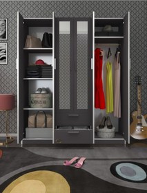 Resim Kenzlife Gardırop 6 Kapılı Çekmeceli Begonvil150 Gri Aynalı Kapaklı Gardolap Dolap 