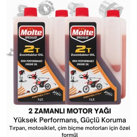 Resim Karanox Molte 2t Motor Yağı 1 Litre x 2’li Set – Çim Biçme Makinesi, Tırpan ve Motosiklet Için Yüksek Performanslı 2 Zamanlı Motorlar Için Özel Yağlama Formülü 