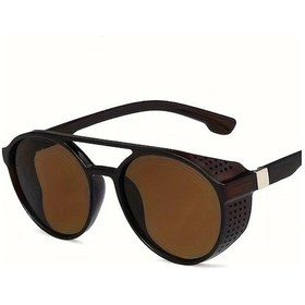 Resim Oldfriend Çay Rengi Çerçeve Ve Lens Steampunk Yuvarlak Gözlük Unisex Rüzgar Koruma 12+ 