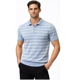 Resim Vexor Erkek Triko Polo Yaka Fermuarlı Çizgili Tişört T-shirt Yazlık Şık - Bebek Mavisi 