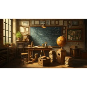 Resim Venspor Tarih ve Bilim Retro Çalışma Odası Küre ve Kara Tahta Temalı Arkaplan 200 x 150 cm Fon Duvar Örtüsü 