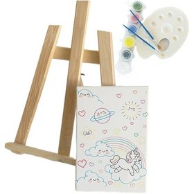 Resim Gökkuşağı Çocuk Ressam Seti - 30x40 Cm Önçizimli Tuval, 2 Adet Fırça, Palet, Boyalar Ve Şövale 