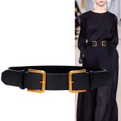 Resim Kadınlar için günlük kullanım için uygun, şık çift tokalı siyah rahat elastik PU kemerli beli sıkılaştıran moda elbise ceketi. 