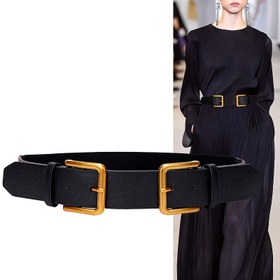 Resim Kadınlar için günlük kullanım için uygun, şık çift tokalı siyah rahat elastik PU kemerli beli sıkılaştıran moda elbise ceketi. 