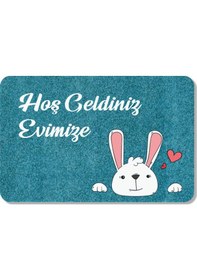 Resim Dijital Baskılı Kapı Önü Paspas Hoşgeldiniz Yazılı Çiçek Desen Ve Tavşan Iç Ve Dış Kapı Yıkanabilir Açık Yeşil 
