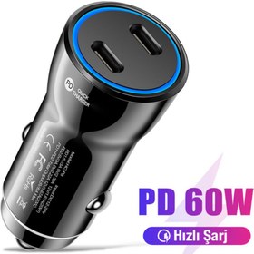 Resim Ally 60w 2 Type-c Çıkışlı Araç Içi Çakmaklık Hızlı Şarj Başlığı uyumlu 