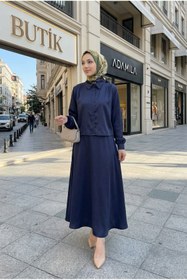 Resim adamila Kadın Saten Omuz Pileli Gömlekli Etek Takım - Dökümlü İkili Takım Tesettür Giyim 
