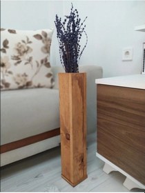 Resim El İşçiliği Ahşap Vazo Pampas Yapay Çiçek Vazosu 50 Cm Kahverengi 