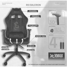 Resim XMAX Rio Siyah Oyuncu Koltuğu - Ergonomik Tasarım ve 180 Derece Yatabilen Sırt Mekanizması 