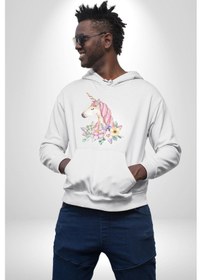 Resim Unicorn Çiçek Kadın Erkek Beyaz Kapüşonlu Sweatshirt Hoodie Beyaz 