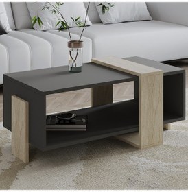 Resim Meleni Orta Sehpa 90 Cm Modern Tasarım Raflı Traverten/antrasit 