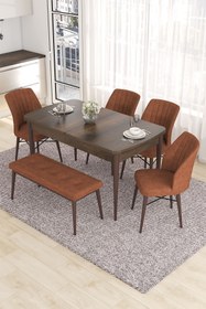 Resim Canisa Concept Eva Serisi 80x132 Açılabilir MDF Mutfak Masası Takımı Barok Desen Masa 4 Kiremit Sandalye 1 Bench 