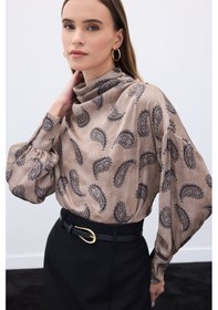 Resim Sateen Degaje Yaka Desenli Bluz - Vizon-136574 Vizon 