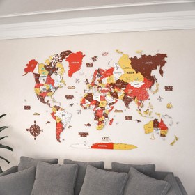Resim Renkli Baskılı 3D Ahşap Dünya Haritası (Terracotta) - 120x75 cm / İngilizce 