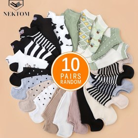 Resim NEKTOM - Karışık Renk 10'lu Paket Kadın Rastgele Saç WQ - Basit İnek Desenli Puantiyeli Yuvarlak Burun Nefes Alabilir Yaz Çorapları 