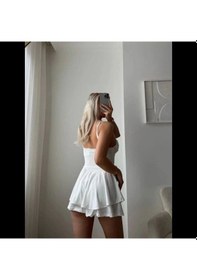 Resim Tatya Kadın Straplez Mini Etek Görünümlü Şortlu Elbise Büzgülü Şık Yazlık - Beyaz 