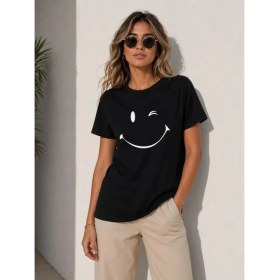 Resim Marsilyan Minimal Gülümseyen Yüz Baskılı Tişört Kısa Kol Yazlık T-Shirt - Siyah 