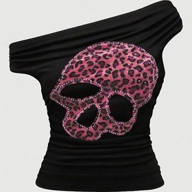 Resim Y2K Sokak Modası Omuzsuz Kısa Üst - Siyah & Pembe Kafatası Leopar Baskılı Geometrik Desen, Esnek Yazlık Gömlek, Makinede Yıkanabilir 