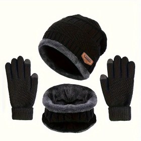 Resim Erkekler için Polar Astarlı Örgü Eldiven ve Bere Takımı, Kadınlar için Dış Mekan Soğuğa Dayanıklı Kışlık Aksesuar Seti 