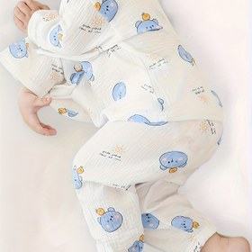 Resim Gençlerin Yaz Nefes Alabilen Çift Katmanlı Pamuk Pijama Takımı - Hafif 3/4 Kollu ve Bacaklı Sevimli Mavi Ayı ve Güneş Desenleri, Gençler için Yumuşak Yuvarlak Yaka Rahat Uyku Giyimi, Gençler için Canlı Tasarım, Rahat Geniş Giyim 