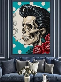 Resim Rockabilly Saçlı Kafatası Dekoratif Kanvas - Mdf Ahşap Tablo 