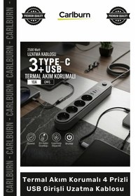 Resim Uzatma Typec Şarjlı Dayanıklı 2500 Watt Termal Akım Korumalı 4 Prizli Usb Girişli Uzatma Kablosu 
