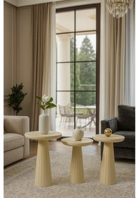 Resim Doğal Ahşap Krem Mantar Sehpa 3 Lü Set Şık Zigon Ve Fiskos Takımı Beyaz 