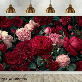 Resim 2D Düz, Kırmızı Pembe Bordo Beyaz Güller Çiçek Duvar Fonu - Burgonya Pembe Bej Geniş Çiçekli Tapestri: Nikah Partisi ve Photo Booth Süslemesi için Kolay Kurulumlu (Alet Gerektirmez) Yapışkan Benzeri 2D Basım Panelleri, 2D Düz 