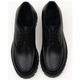 Resim Hakiki Deri Bağcıklı Kadın Loafer Ayakkabı Kalın Taban Siyah 