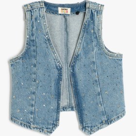 Resim Kız Çocuk Yıldız Detaylı V Yaka Kolsuz Pamuklu Crop Denim Yelek 