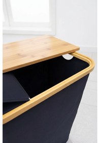 Resim Bambu Çerçeveli 100 Litre Kapaklı Katlanabilir Çamaşır Sepeti, 2 Bölmeli Kirli Sepeti 60x54x33 Siyah 