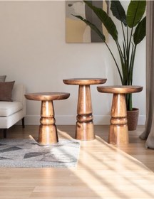 Resim ASELYA HOME Doğal Ahşap 3’lü Set Mantar Yan Sehpa Modern Fiskos Zigon Çiçeklik 